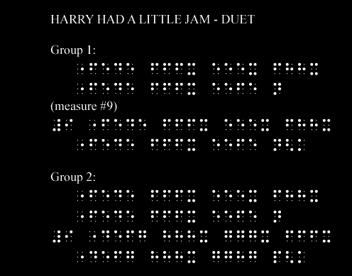 Harry Had a Little Jam - Duet; graphic image of text and braille